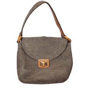 Eric Javits New York Woven Straw Shoulder Handbag with Bamboo Detail Tan